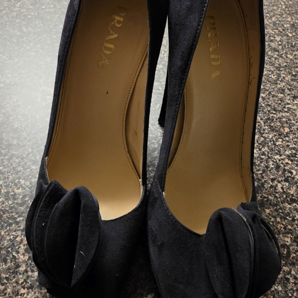 Prada Women's Black Suede Peep-Toe Pumps with Bow